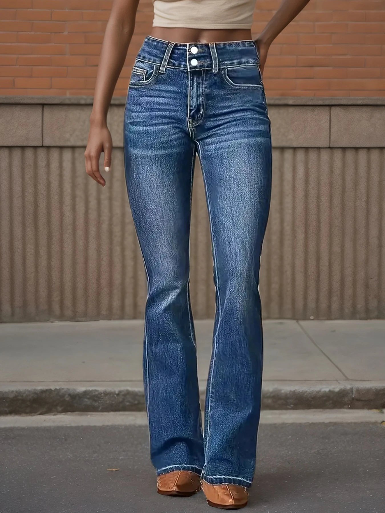 New Women's High Waisted Elastic Flared Jeans, Retro Washed Slim Fit Basic Jeans, Suitable for Daily Wear