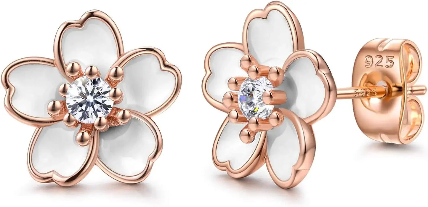 Pink Flower Earrings 925 Sterling Silver Stud Earrings