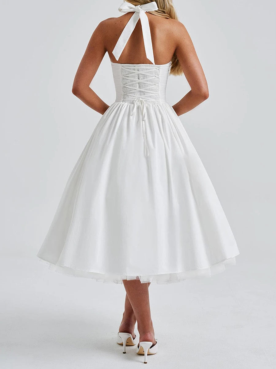 Hirigin Elegant Sleeveless Halter Neck Midi Dress Open Back