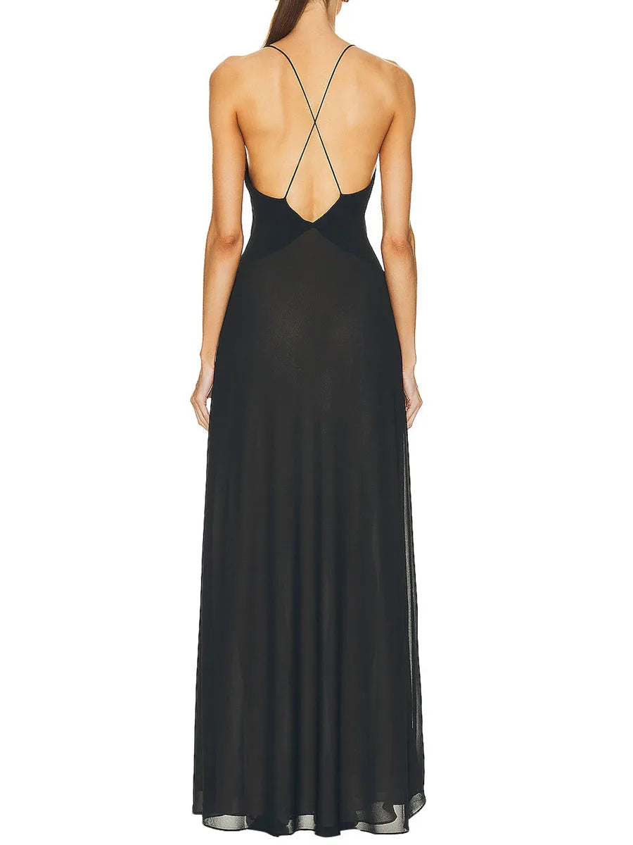 Elegant Women's V Neck Maxi Dress with Floral Embellishments