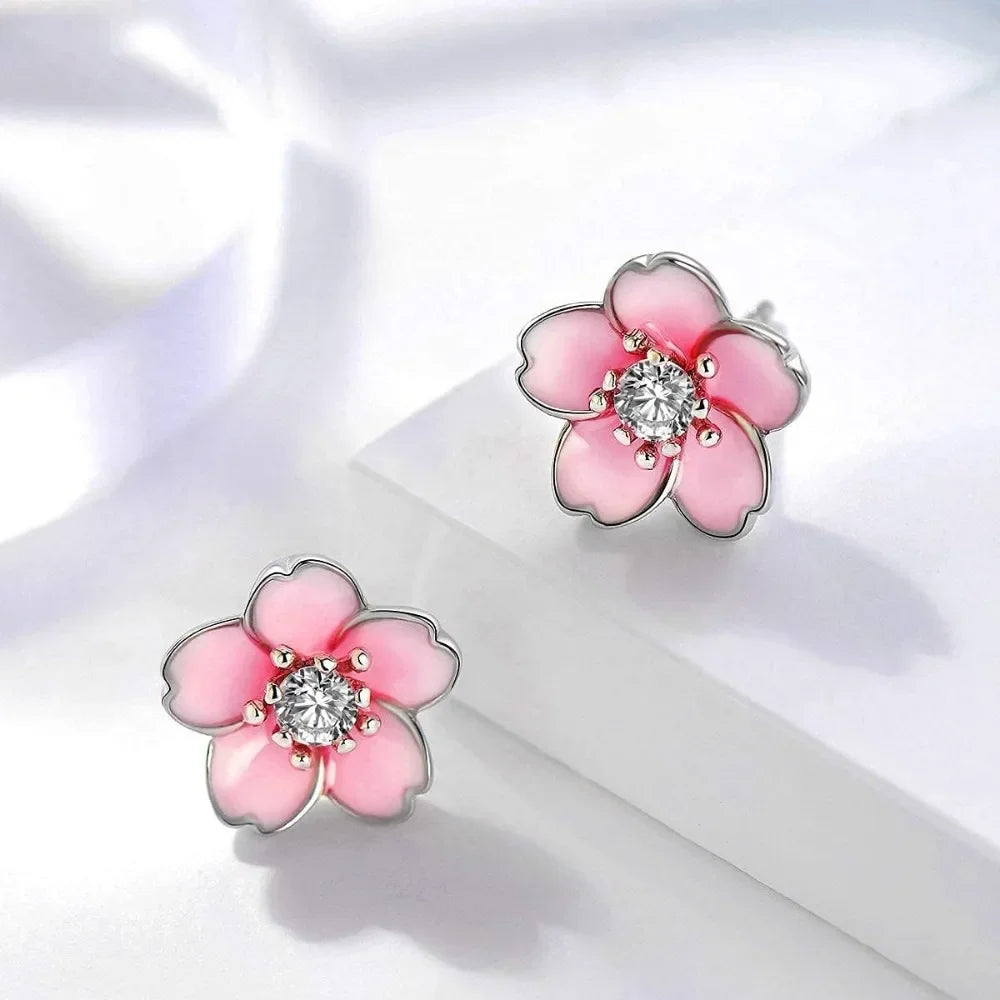 Pink Flower Earrings 925 Sterling Silver Stud Earrings