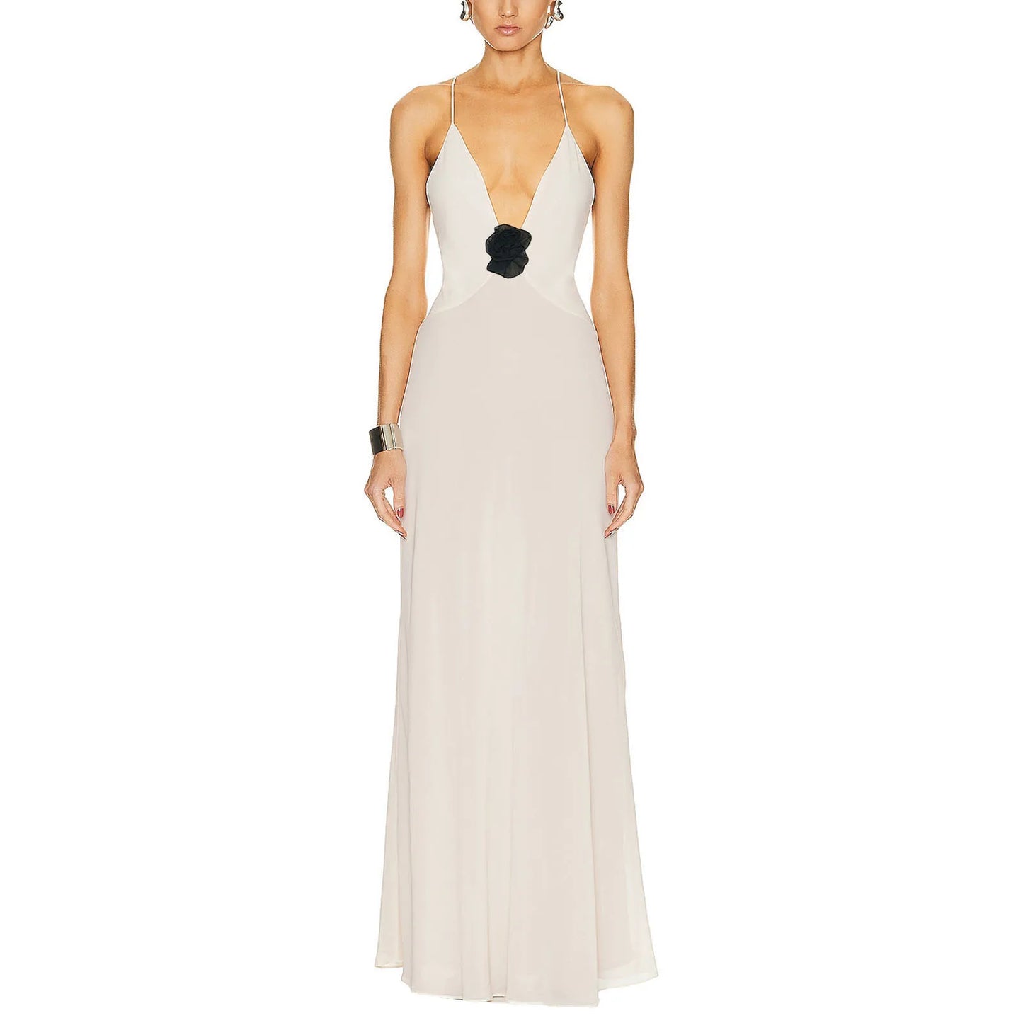 Elegant Women's V Neck Maxi Dress with Floral Embellishments