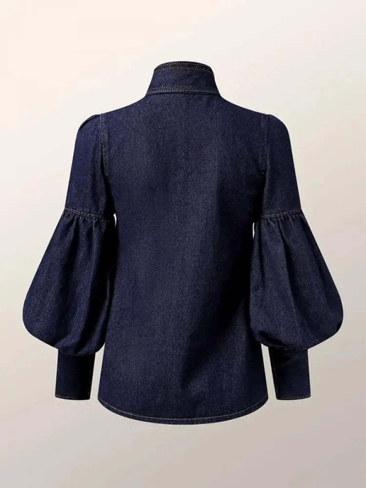 Fashionable Women's Denim Blouse with Puff Sleeves and Bow