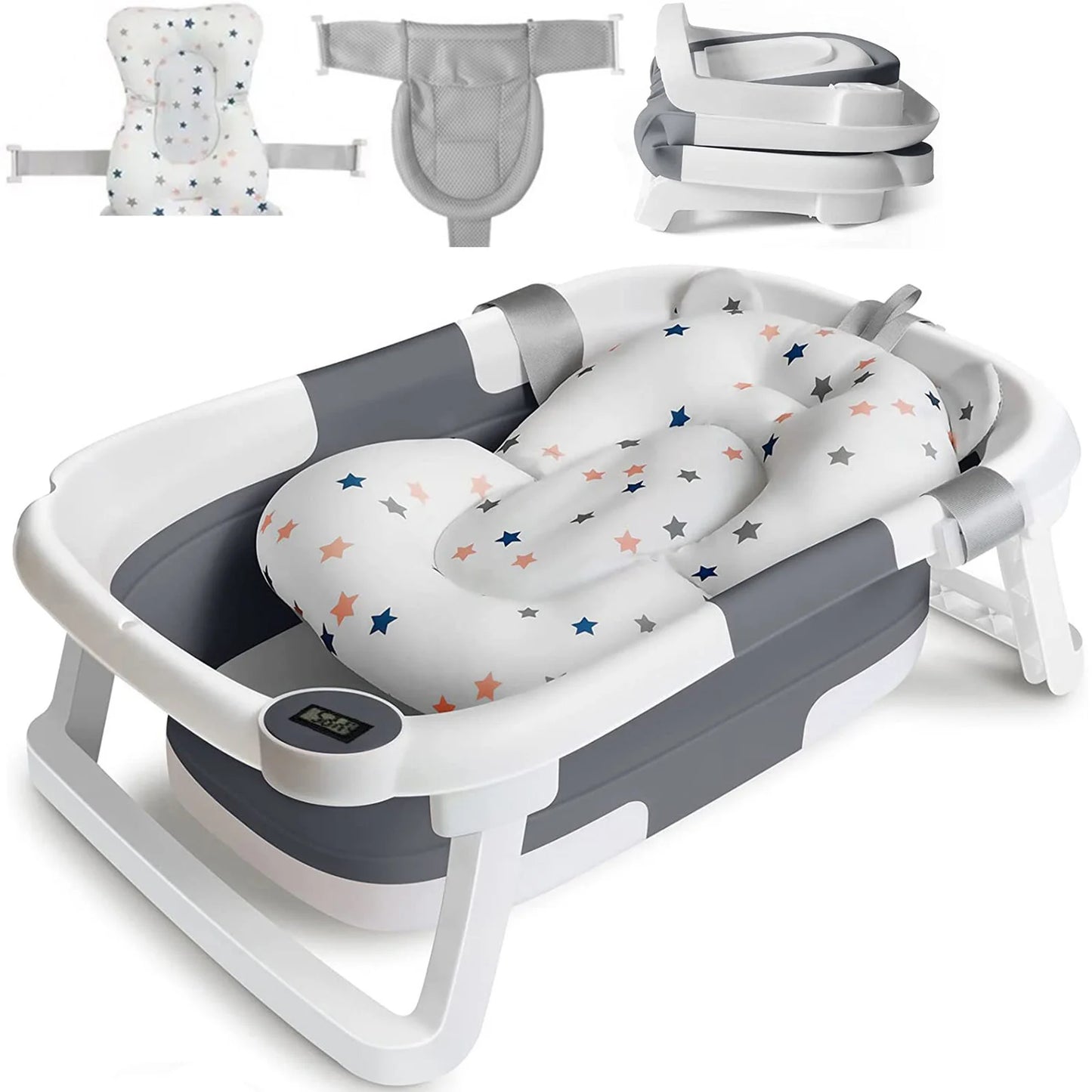 Foldable Baby Bathtub With Cushion Thermometer And Shower Brush