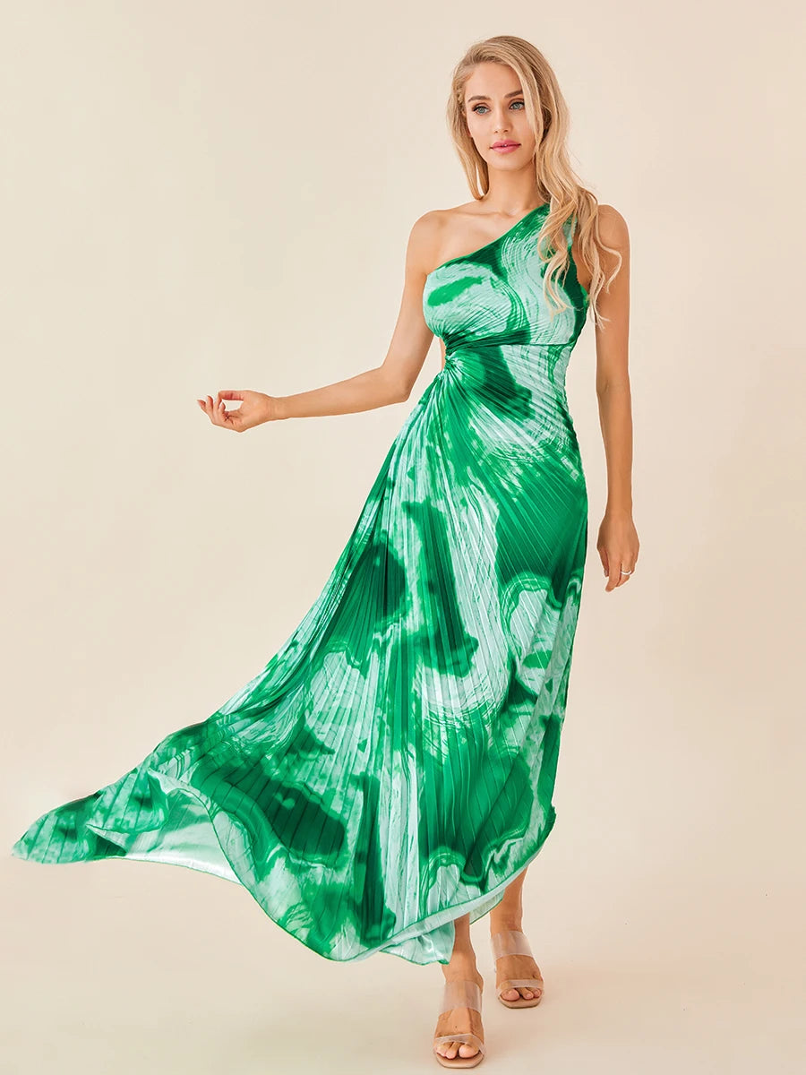 Summer One-Shoulder Pleated Tie-Dye Vacation Dress for Women