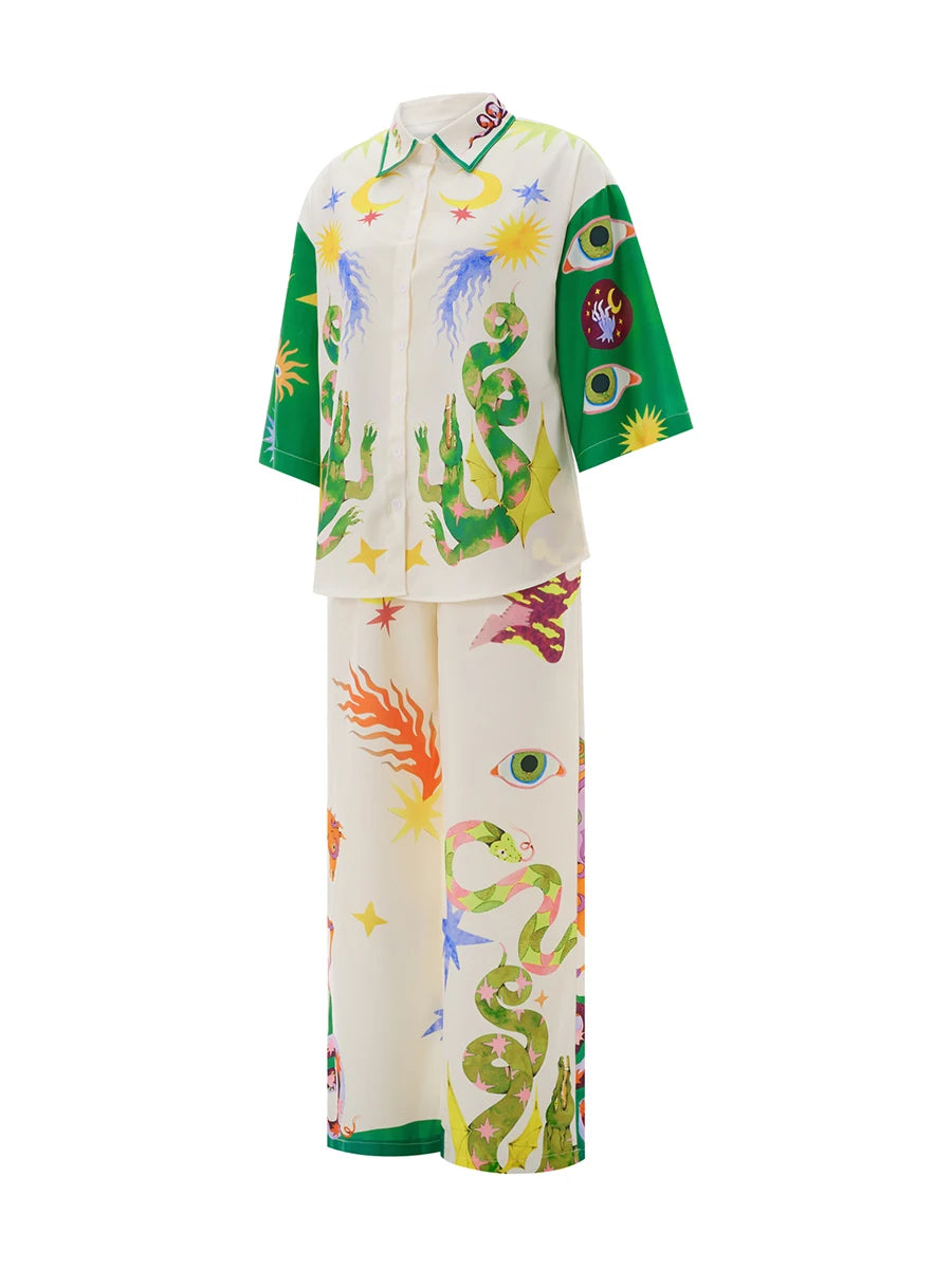 Hirigin Women Summer Pants Outfit Set with Unique Print