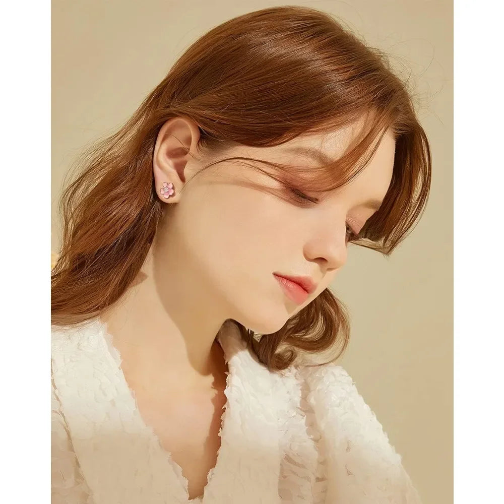 Pink Flower Earrings 925 Sterling Silver Stud Earrings