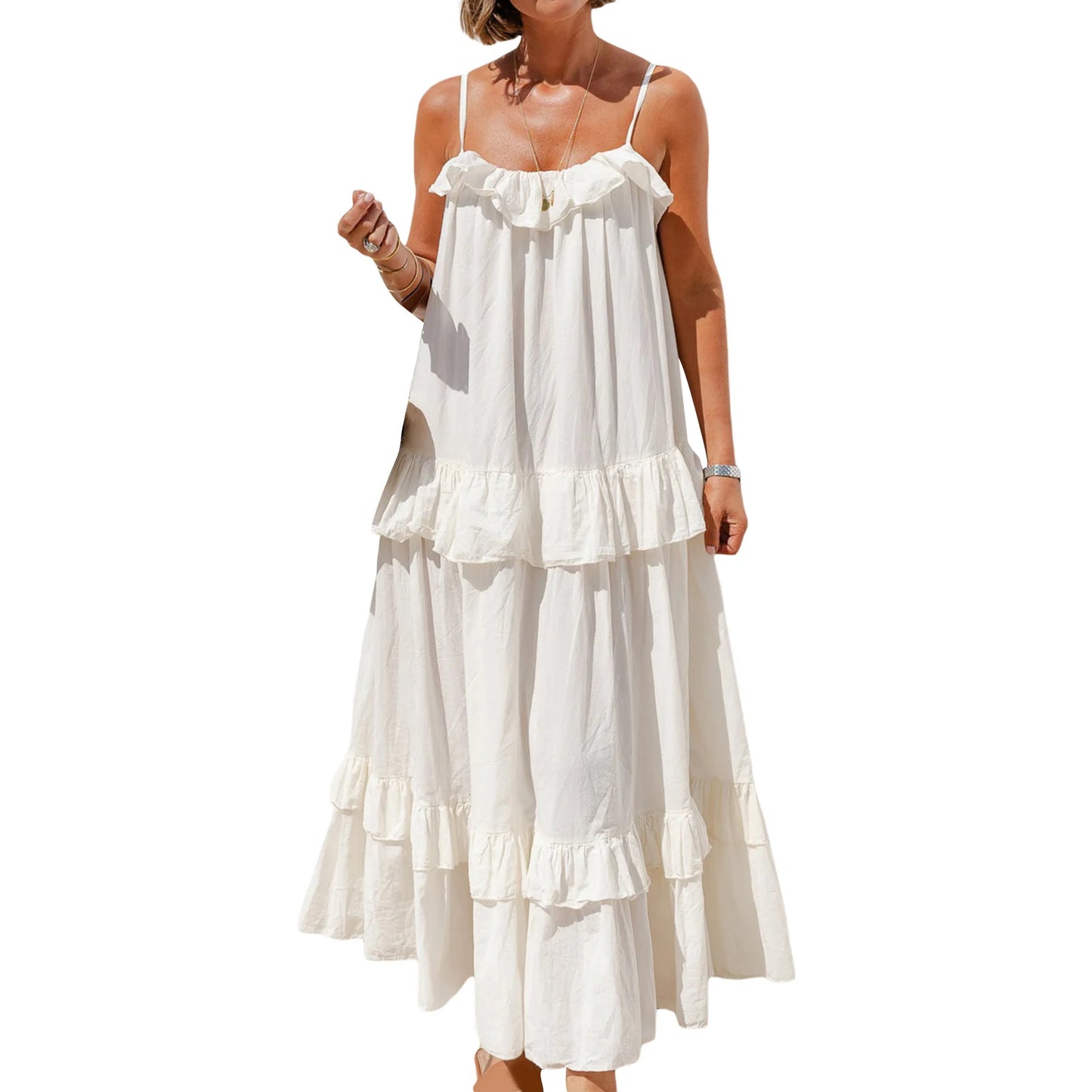 Women s Long Cami Dress Casual Loose Scoop Neck Back Tie-Up Swing Tiered Ruffled Spaghetti Strap Dress