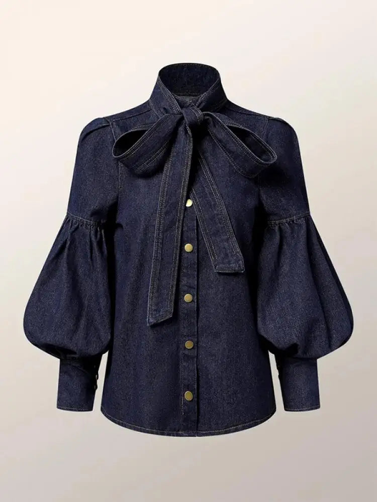 Fashionable Women's Denim Blouse with Puff Sleeves and Bow