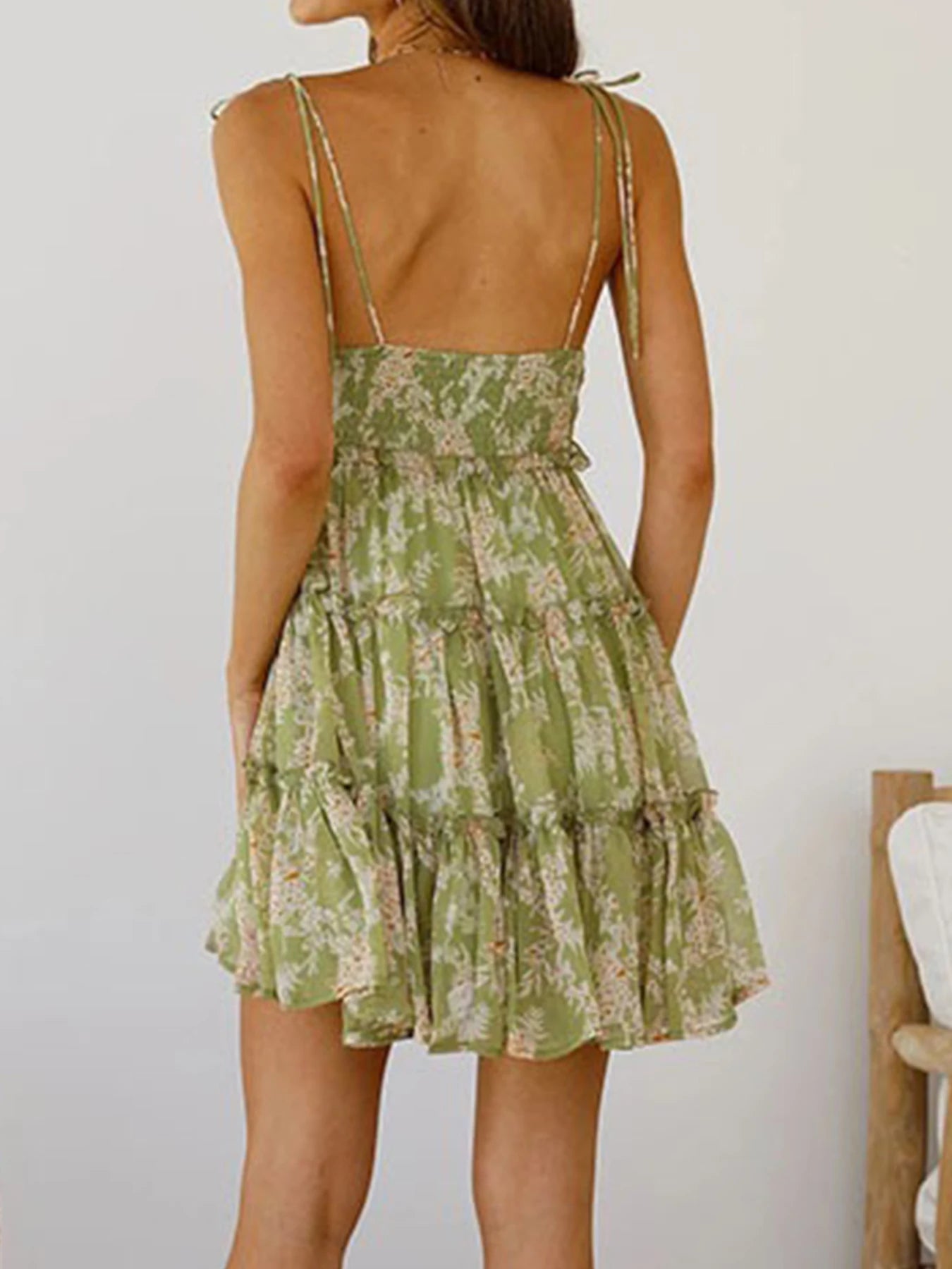 Women's Bohemian Floral Print Mini Dress with Ruffle Edges