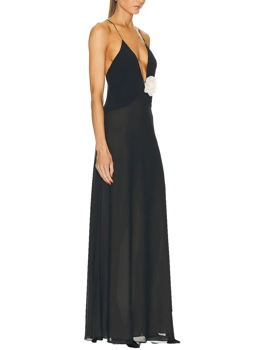 Elegant Women's V Neck Maxi Dress with Floral Embellishments