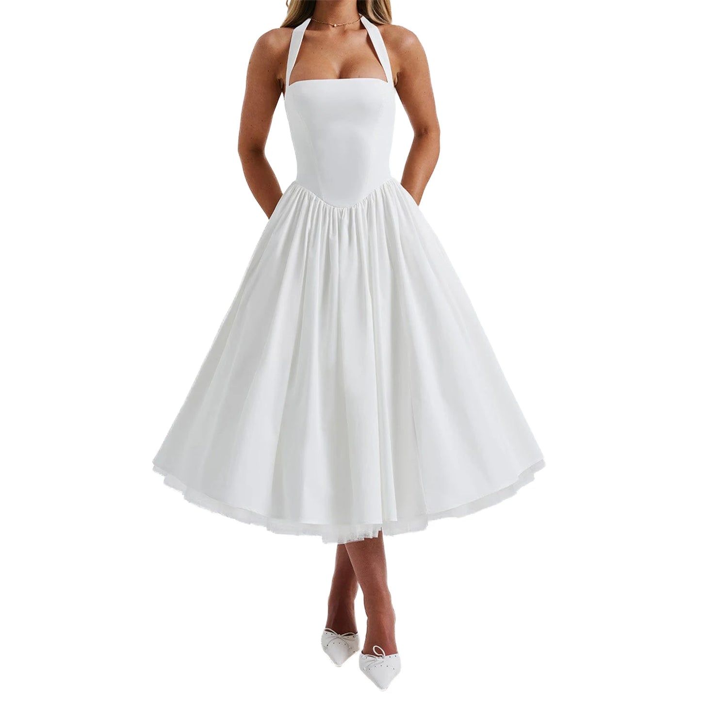 Hirigin Elegant Sleeveless Halter Neck Midi Dress Open Back