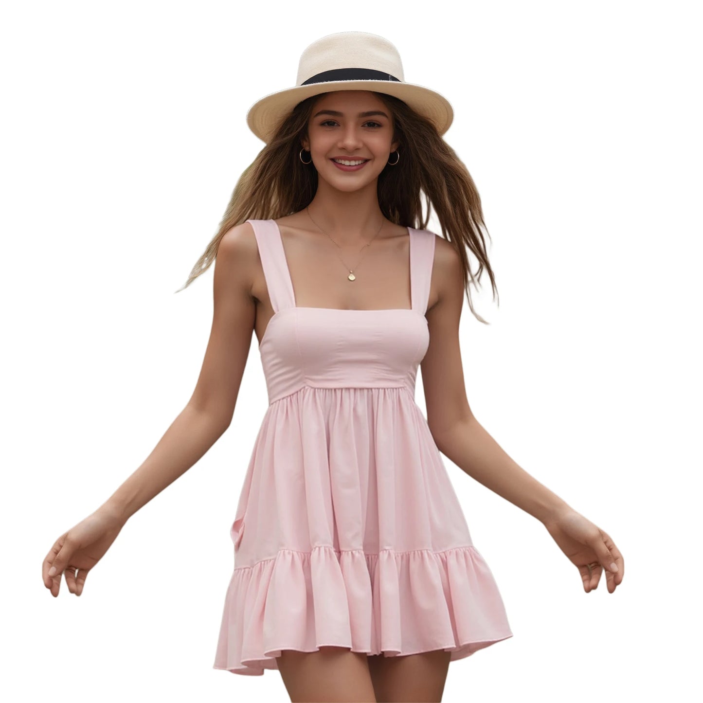 Hirigin Elegant Sleeveless V Neck Dress Open Back Pockets