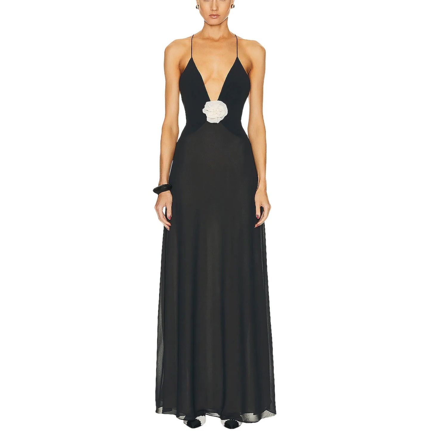Elegant Women's V Neck Maxi Dress with Floral Embellishments