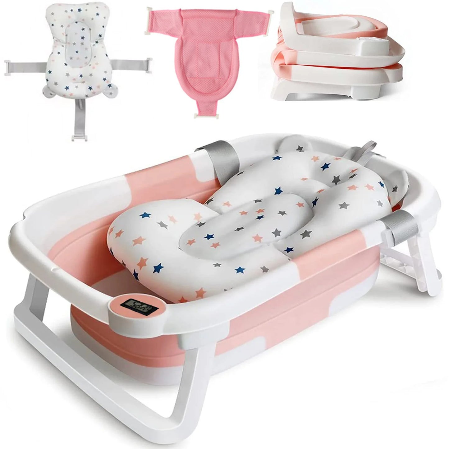 Foldable Baby Bathtub With Cushion Thermometer And Shower Brush