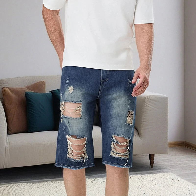 CN Guangdong Men Distressed Denim Shorts Zipper Fly Pockets