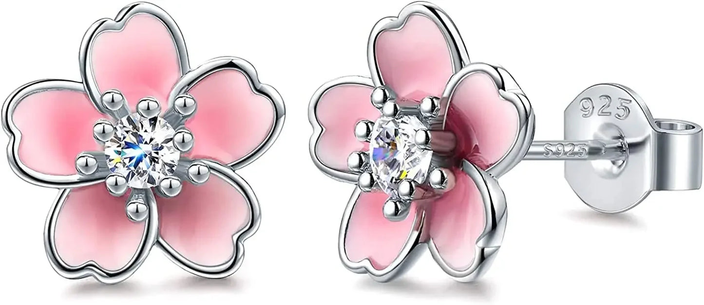 Pink Flower Earrings 925 Sterling Silver Stud Earrings