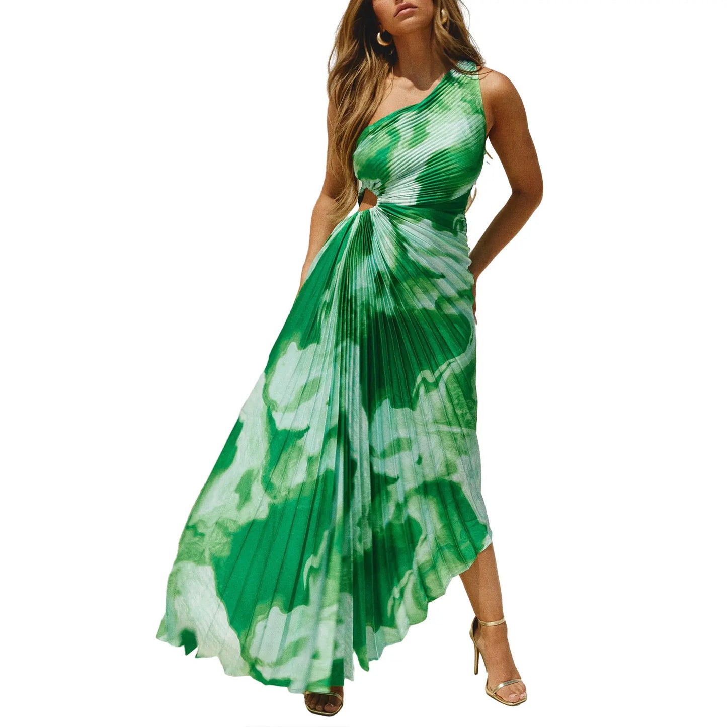 Summer One-Shoulder Pleated Tie-Dye Vacation Dress for Women