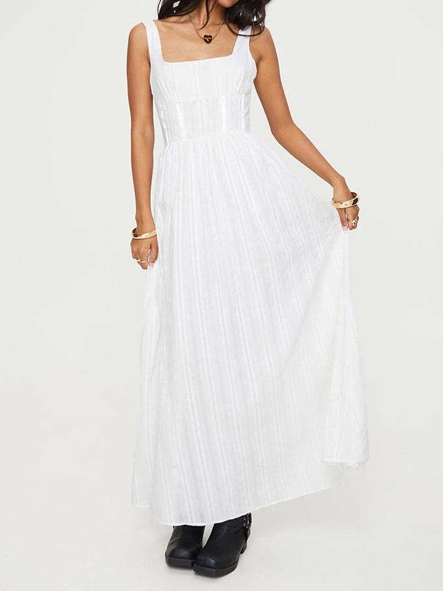 Womens Sleeveless Square Neck Smock Waist Evening Dress