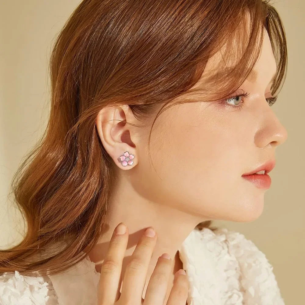 Pink Flower Earrings 925 Sterling Silver Stud Earrings