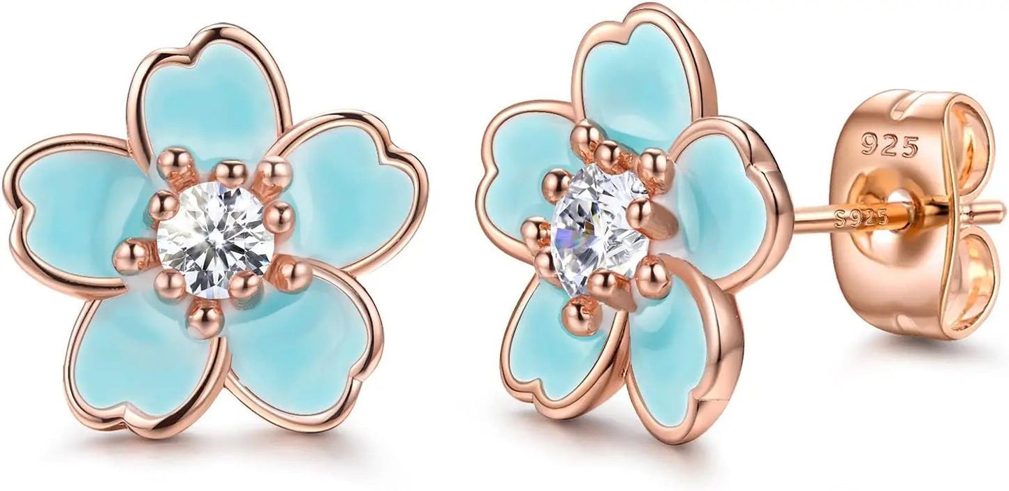 Pink Flower Earrings 925 Sterling Silver Stud Earrings