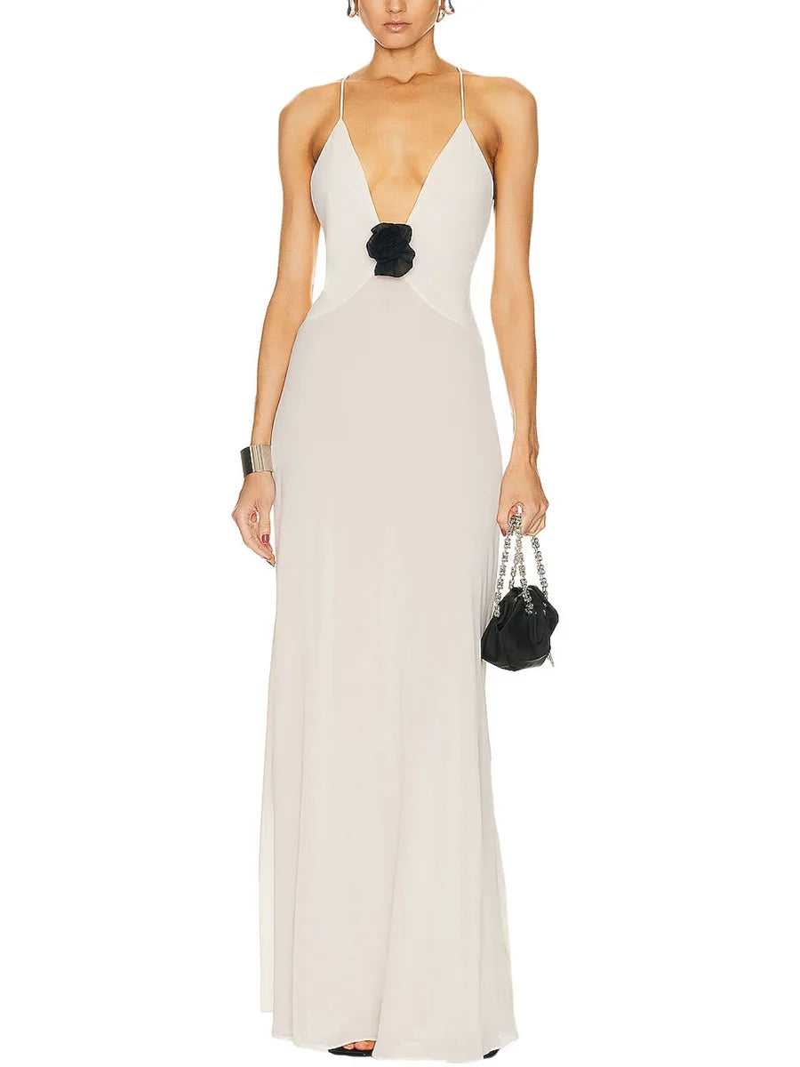 Elegant Women's V Neck Maxi Dress with Floral Embellishments
