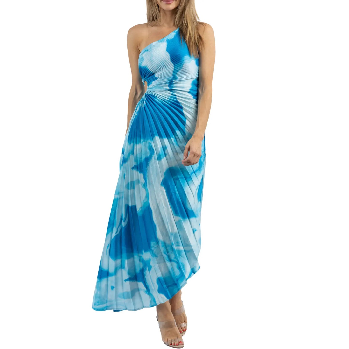 Summer One-Shoulder Pleated Tie-Dye Vacation Dress for Women