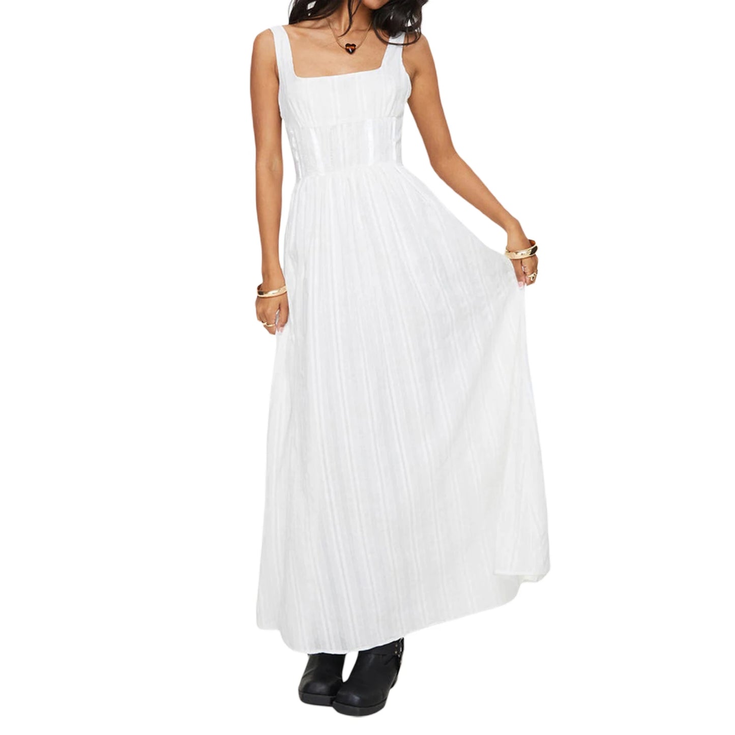 Womens Sleeveless Square Neck Smock Waist Evening Dress
