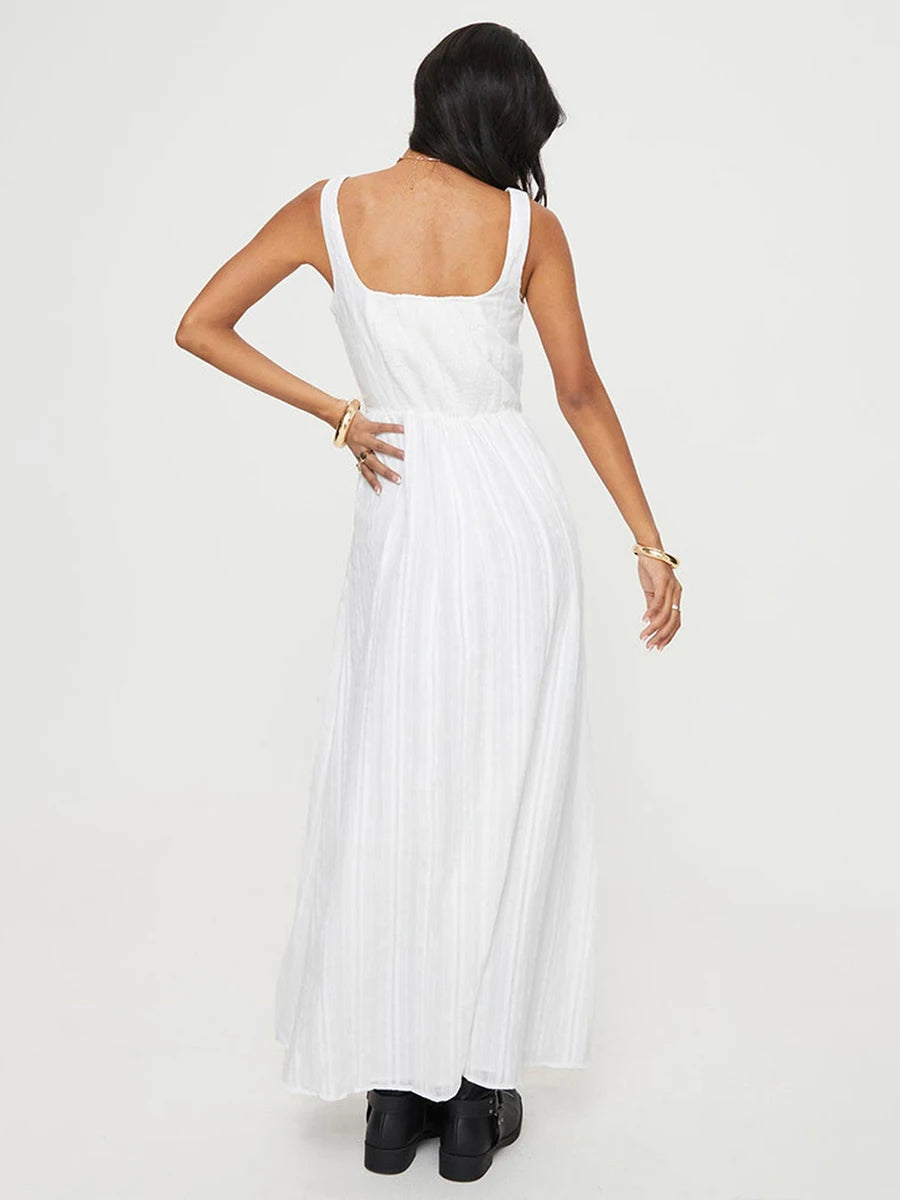Womens Sleeveless Square Neck Smock Waist Evening Dress