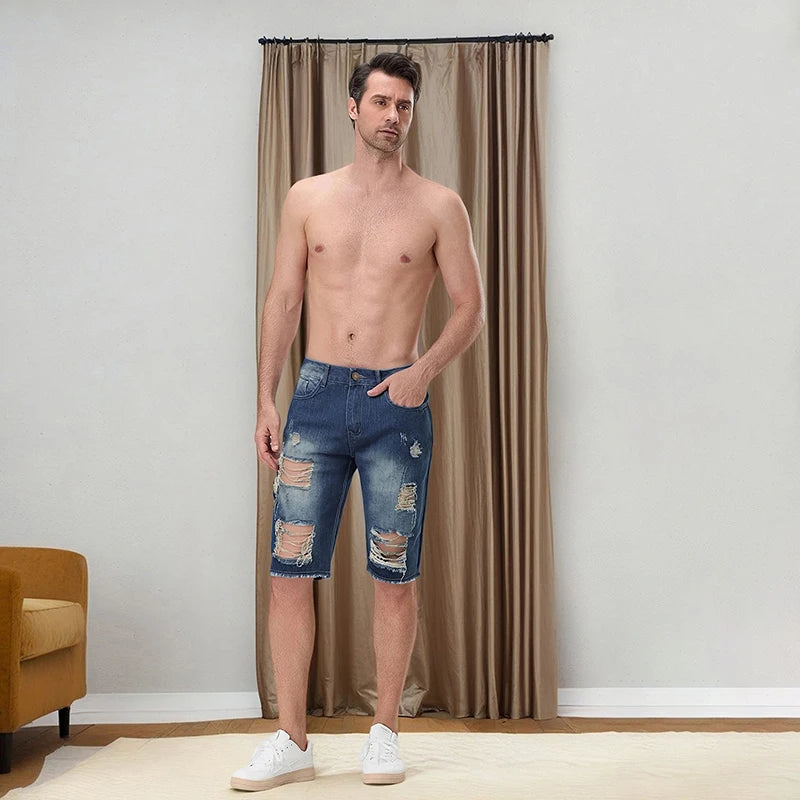 CN Guangdong Men Distressed Denim Shorts Zipper Fly Pockets