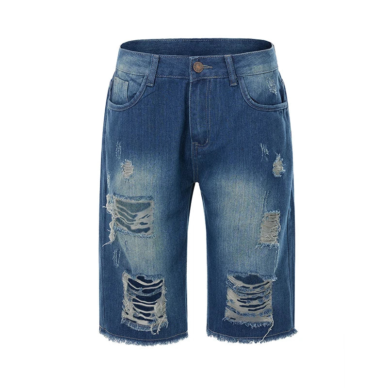 CN Guangdong Men Distressed Denim Shorts Zipper Fly Pockets