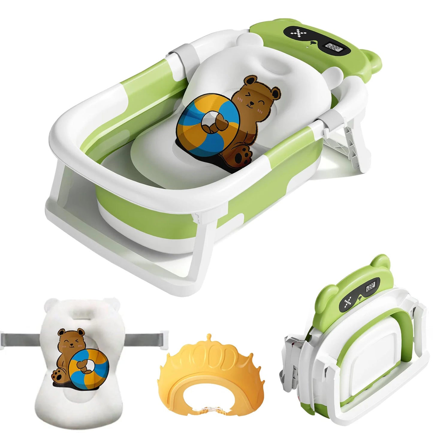 Foldable Baby Bathtub With Cushion Thermometer And Shower Brush