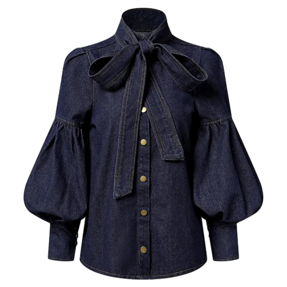 Fashionable Women's Denim Blouse with Puff Sleeves and Bow