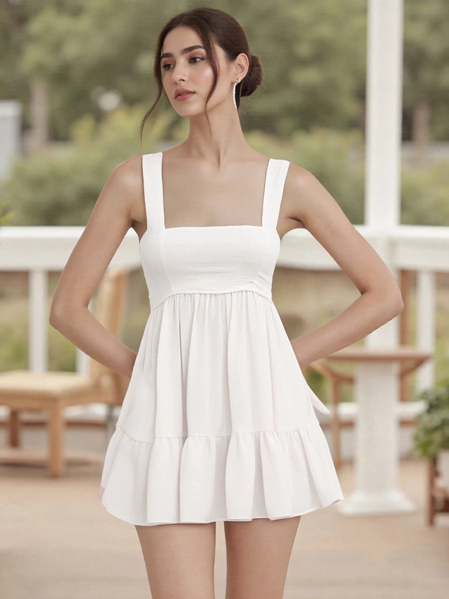 Hirigin Elegant Sleeveless V Neck Dress Open Back Pockets