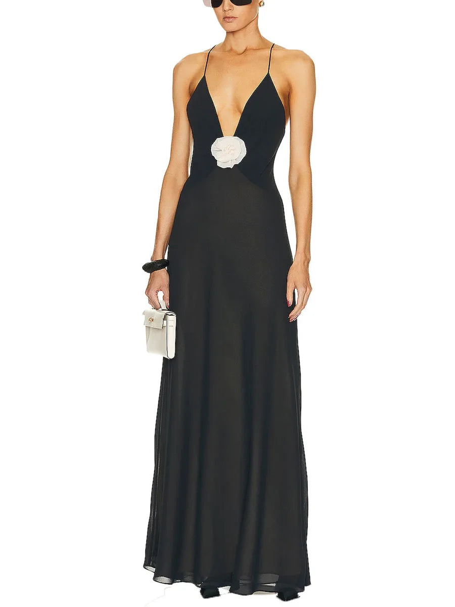 Elegant Women's V Neck Maxi Dress with Floral Embellishments