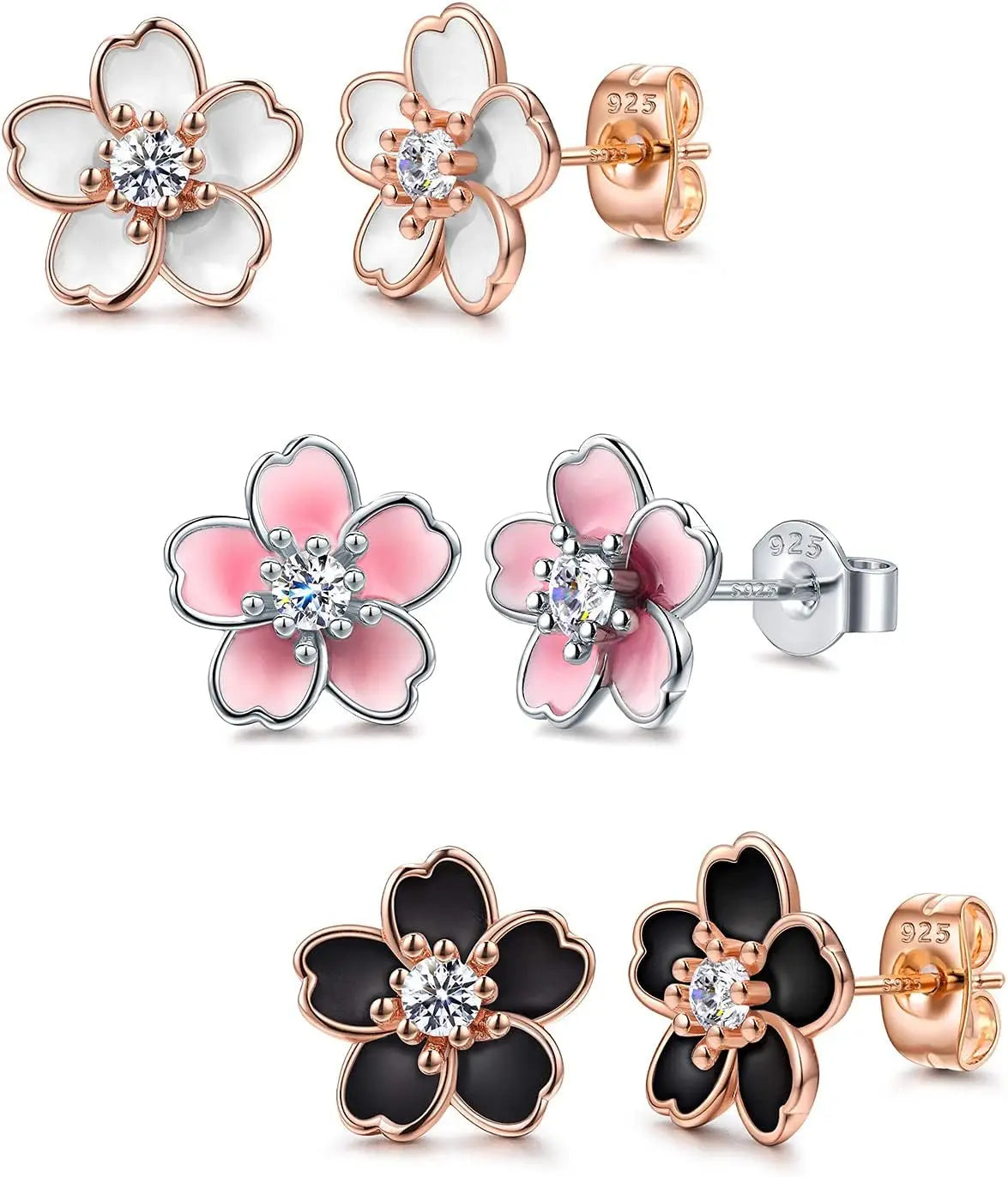 Pink Flower Earrings 925 Sterling Silver Stud Earrings