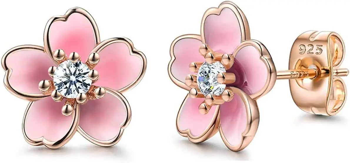 Pink Flower Earrings 925 Sterling Silver Stud Earrings
