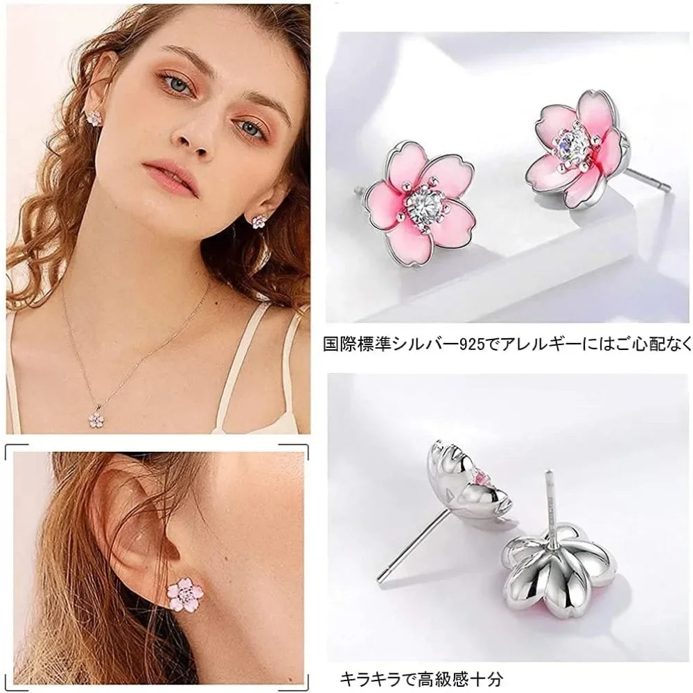 Pink Flower Earrings 925 Sterling Silver Stud Earrings