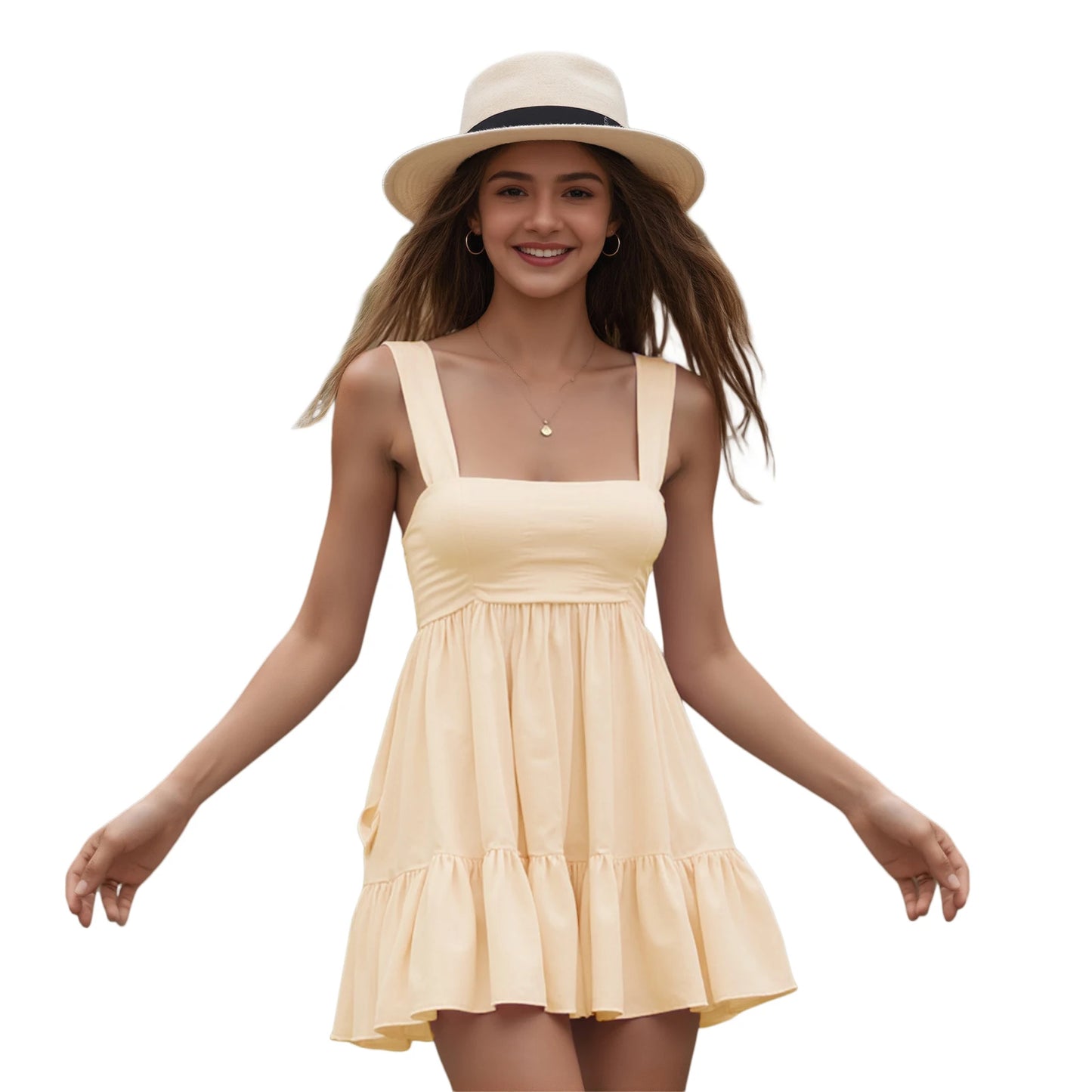 Hirigin Elegant Sleeveless V Neck Dress Open Back Pockets