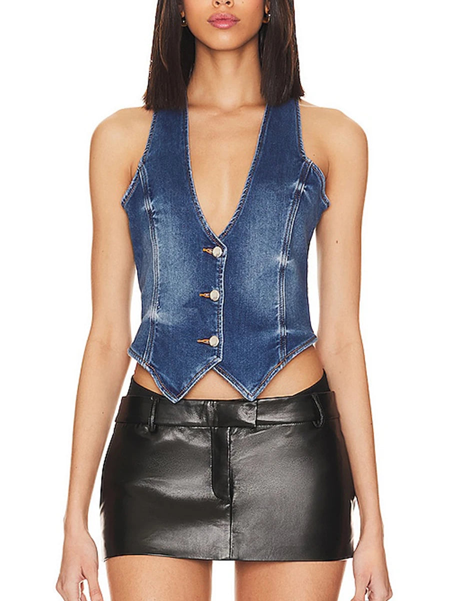 Women Fashion Denim Tank Tops Solid Color V-Neck Button-Down Sleeveless Vests Summer Asymmetrical Hem Streetwear