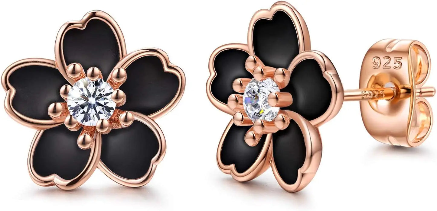 Pink Flower Earrings 925 Sterling Silver Stud Earrings