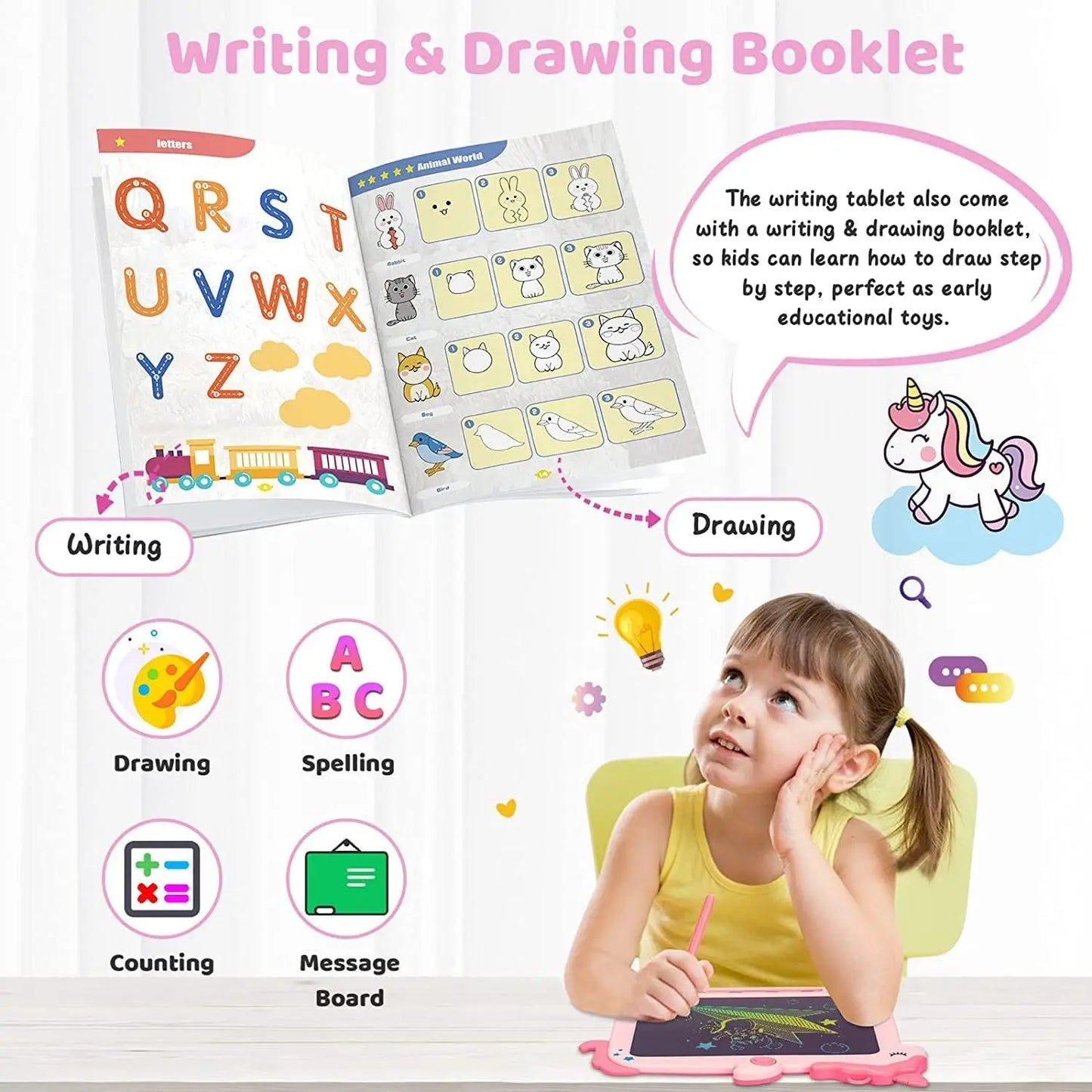 Unicorn LCD Writing Tablet for Kids, 8.5-inch Mess-Free Drawing Pad, Eye Protection Screen, Reusable Doodle Board for 3-7 Year