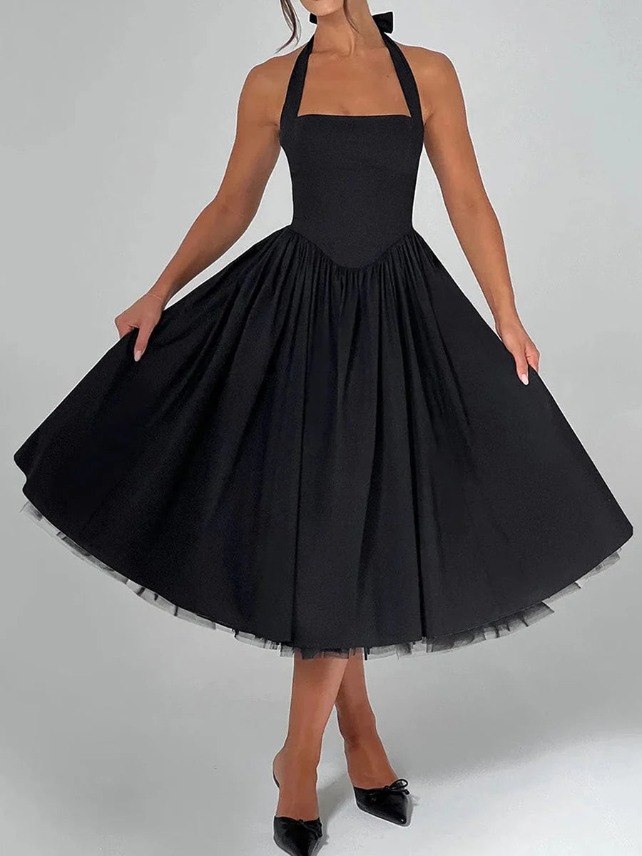 Hirigin Elegant Sleeveless Halter Neck Midi Dress Open Back