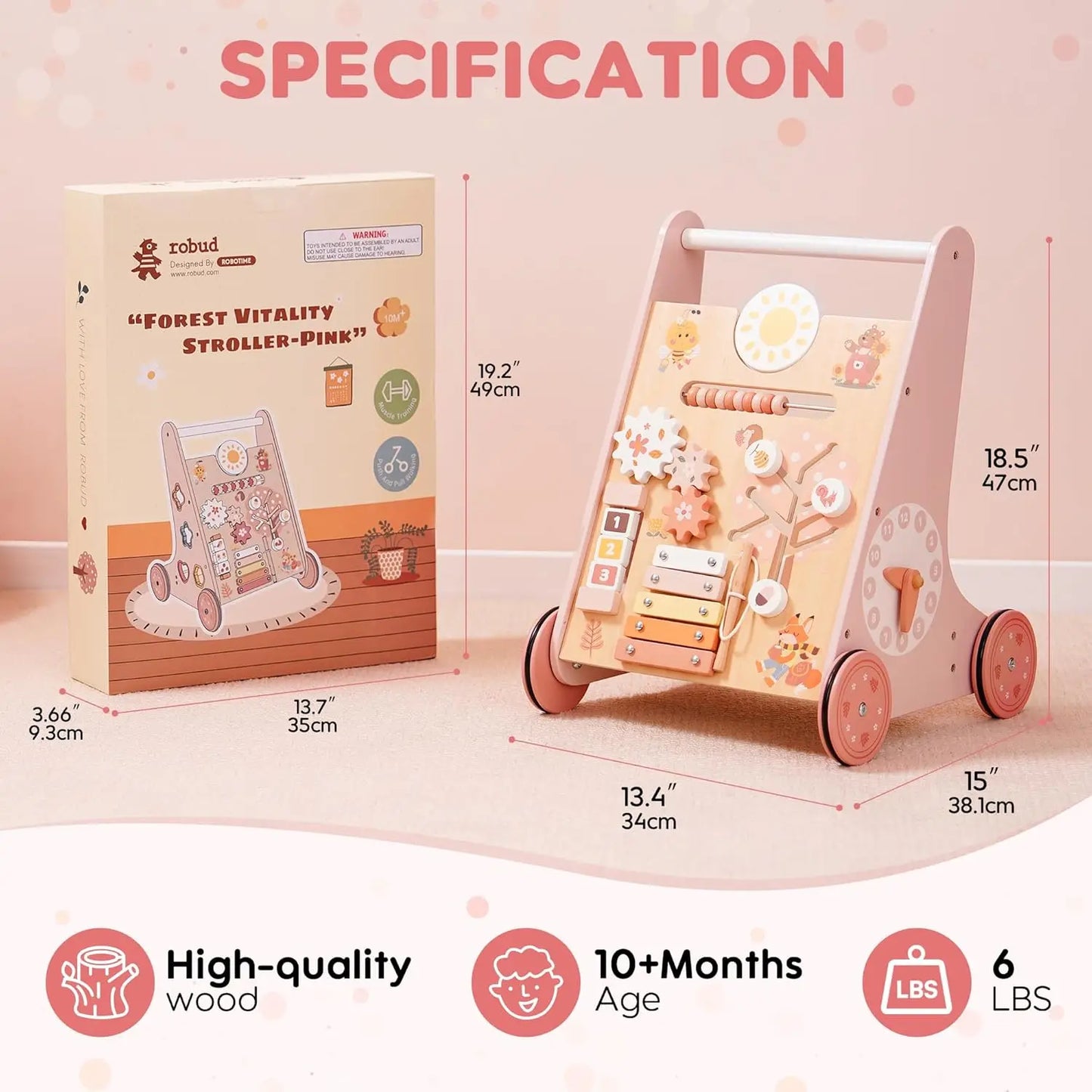Robotime Robud Wooden Baby Walker Montessori Push Toy for Learning