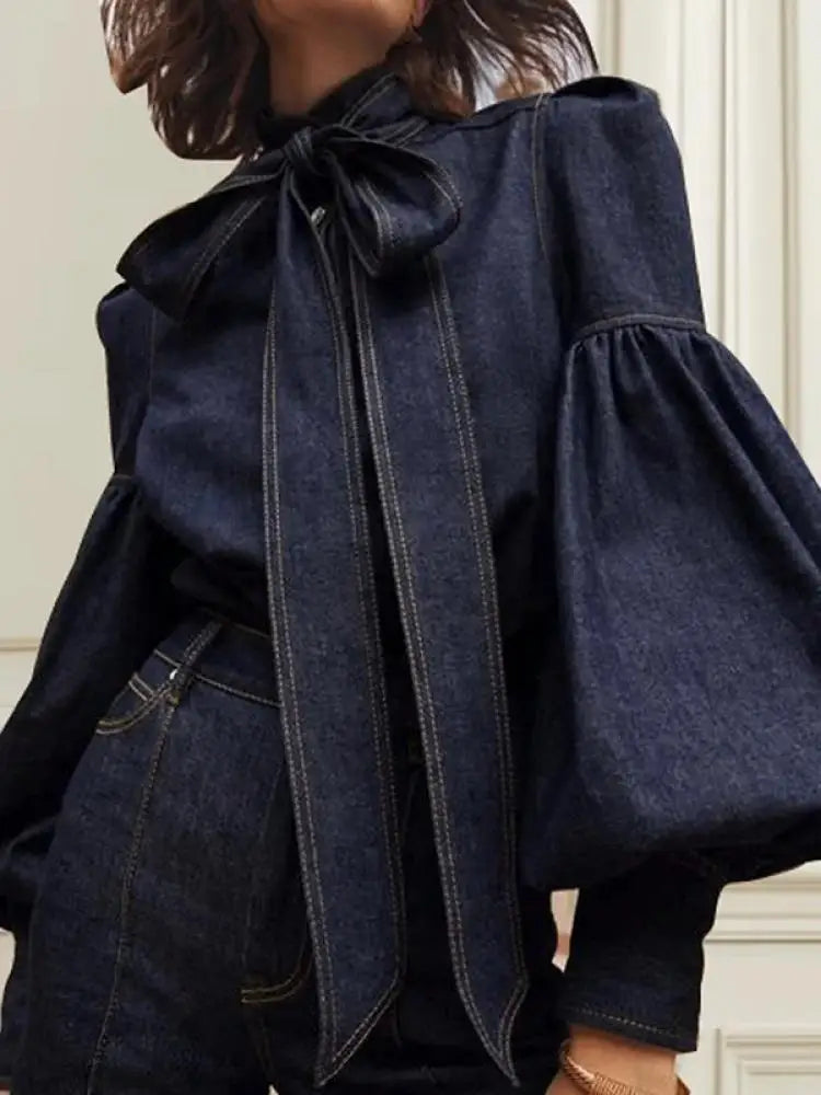 Fashionable Women's Denim Blouse with Puff Sleeves and Bow