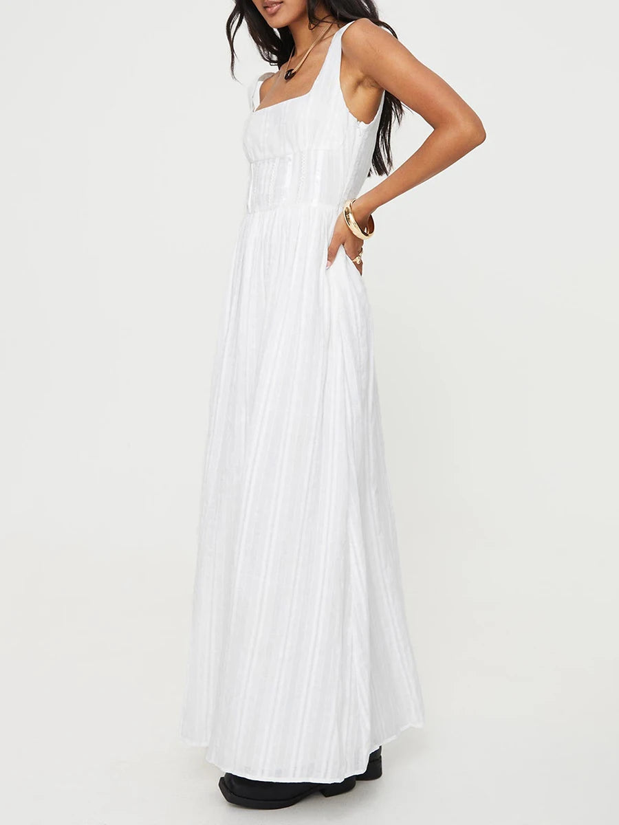 Womens Sleeveless Square Neck Smock Waist Evening Dress
