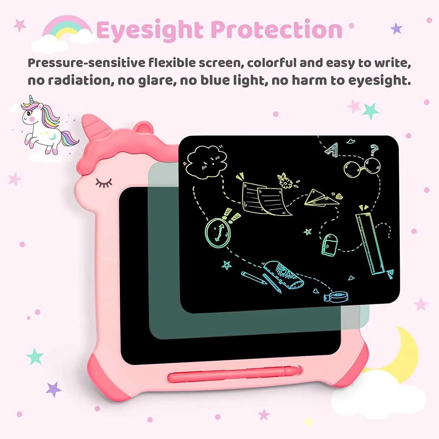 Unicorn LCD Writing Tablet for Kids, 8.5-inch Mess-Free Drawing Pad, Eye Protection Screen, Reusable Doodle Board for 3-7 Year