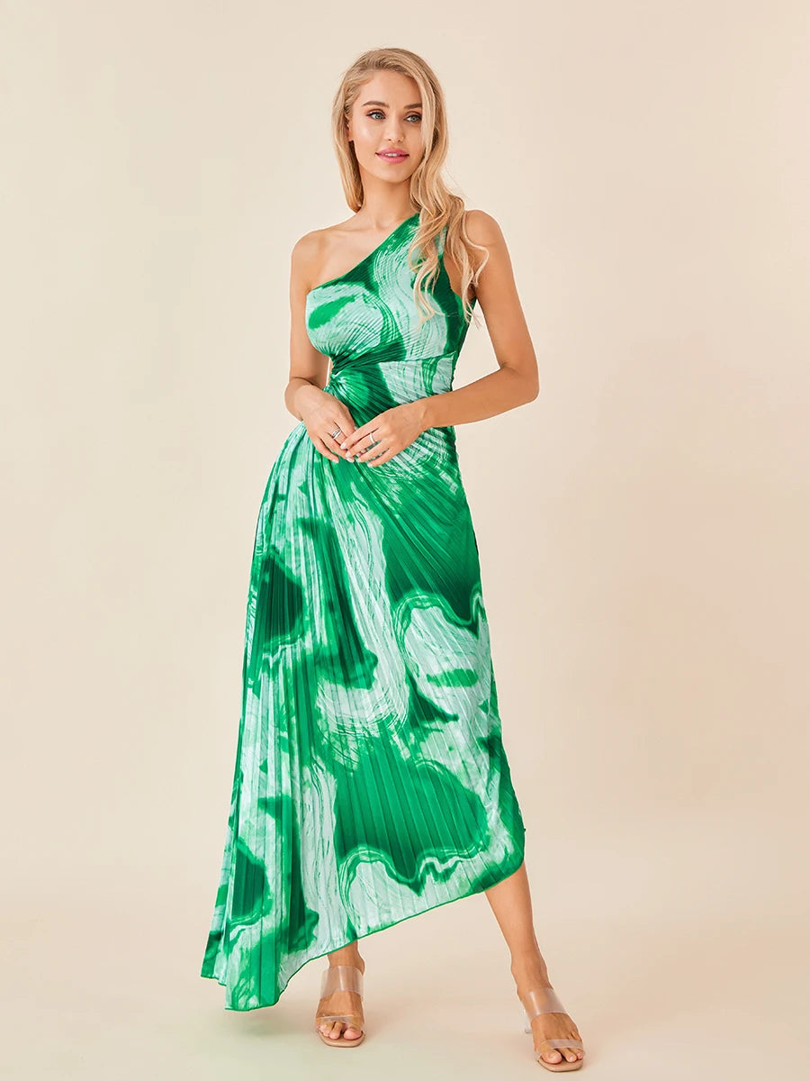 Summer One-Shoulder Pleated Tie-Dye Vacation Dress for Women