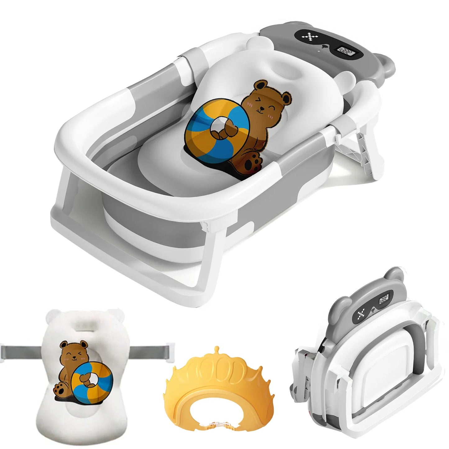 Foldable Baby Bathtub With Cushion Thermometer And Shower Brush