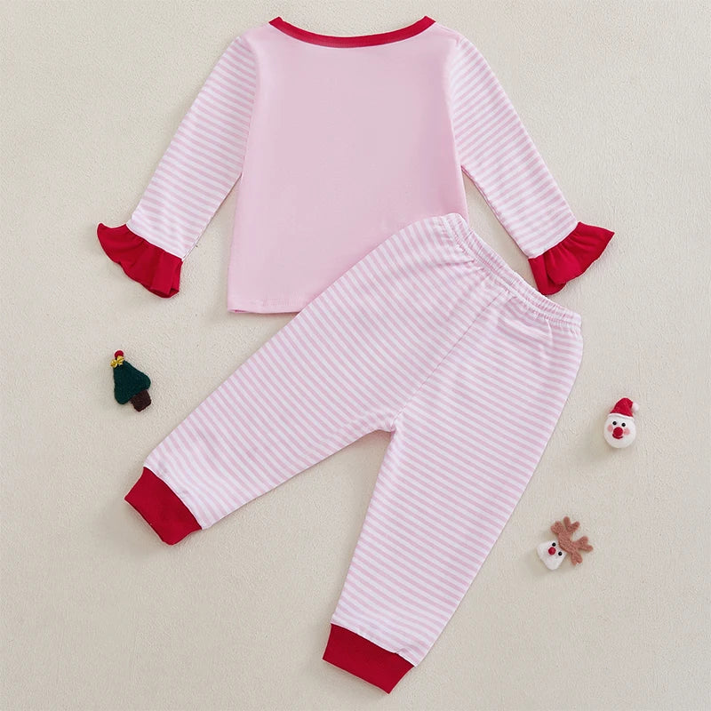 Toddler Girls 2-piece Set Festive Long Sleeve Santa Claus T-shirt with Matching Striped Pants for Christmas Celebration